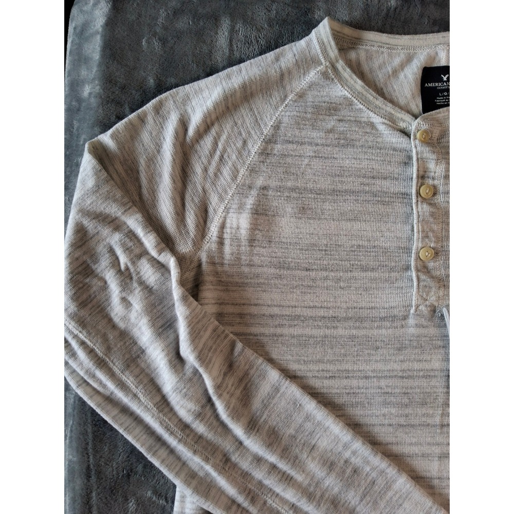 American Eagle Mens Henley Shirt Large Gray Space Dye Long Sleeve Raglan Knit - Picture 4 of 10